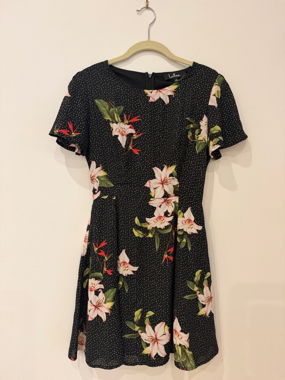 Lulu's Black Floral Mini Dress with Pink Flowers and Green Leaves